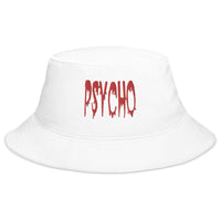 White bucket hat with Psycho Horror Red Blood Drip embroidered artwork, front view