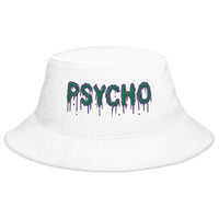 White bucket hat with Psychobilly Horror Psycho embroidered artwork, front view