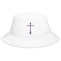 White bucket hat with Purple Gothic Ancient Medeival Cross embroidered artwork, front view