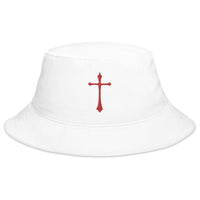 White bucket hat with Red Gothic Ancient Medeival Cross embroidered artwork, front view