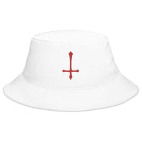 White bucket hat with Red Inverted Cross embroidered artwork, front view