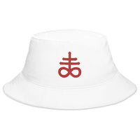 White bucket hat with Red The Leviathan Cross of Satan Occult Symbol embroidered artwork, front view