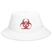 White bucket hat with Red Bio Hazard Symbol Warning Sign embroidered artwork, front view