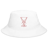 White bucket hat with Red Sigil of Lucifer Symbol The Seal of Satan embroidered artwork, front view