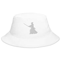 White bucket hat with Ronin Samurai Warrior Swordsman embroidered artwork, front view