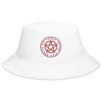 White bucket hat with Rune Script Wiccan Ritual Pentagram embroidered artwork, front view