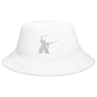White bucket hat with Samurai Two Sword Technique embroidered artwork, front view
