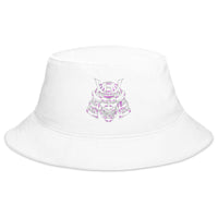 White bucket hat with Samurai Warrior Mask embroidered artwork, front view