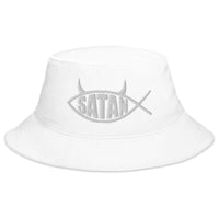White bucket hat with Satan Fish with Horns Religious Satire embroidered artwork, front view