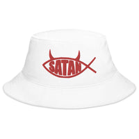 White bucket hat with Red Satan Fish with Horns Religious Satire embroidered artwork, front view