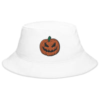 White bucket hat with Scary Jack O Lantern Halloween Pumpkin embroidered artwork, front view