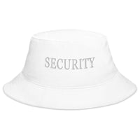 White bucket hat with Security embroidered artwork, front view