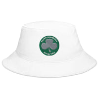 White bucket hat with Silver Shamrock Novelties embroidered artwork, front view