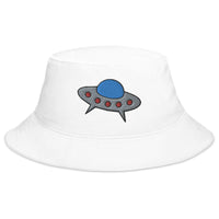 White bucket hat with Space Alien Ship UFO Flying Saucer embroidered artwork, front view