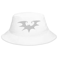 White bucket hat with Spooky Goth Vampire Bat embroidered artwork, front view
