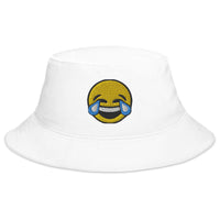 White bucket hat with Tears of Joy Emoji embroidered artwork, front view