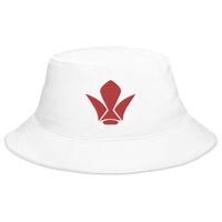 White bucket hat with Tekkadan Iron Flower Brigade embroidered artwork, front view