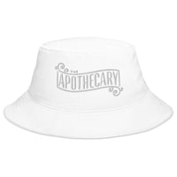 White bucket hat with The Apothecary embroidered artwork, front view