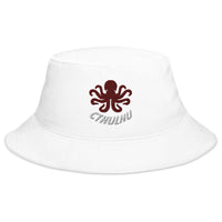 White bucket hat with The Call of Cthulhu Horror Fiction embroidered artwork, front view