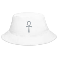 White bucket hat with Grey The Key of Life Ankh Ancient Egyptian Culture embroidered artwork, front view