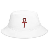 White bucket hat with Red The Key of Life Ankh Ancient Egyptian Culture embroidered artwork, front view