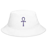 White bucket hat with Purple The Key of Life Ankh Ancient Egyptian Culture embroidered artwork, front view
