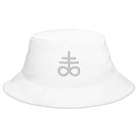 White bucket hat with White The Leviathan Cross of Satan Occult Symbol embroidered artwork, front view