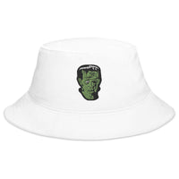 White bucket hat with The Modern Prometheus Dr. Frankenstein's Monster embroidered artwork, front view