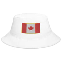 White bucket hat with The National Flag of Canada embroidered artwork, front view