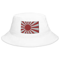 White bucket hat with The National Flag of Japan embroidered artwork, front view