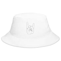 White bucket hat with The Sign of the Horns embroidered artwork, front view