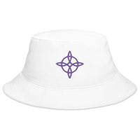 White bucket hat with Purple Witches Knot embroidered artwork, front view