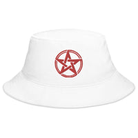 White bucket hat with Red Witching Hour Woven Pentagram embroidered artwork, front view