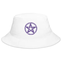 White bucket hat with Purple Witching Hour Woven Pentagram embroidered artwork, front view