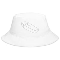 White bucket hat with Toe Pincher Coffin with Cross embroidered artwork, front view