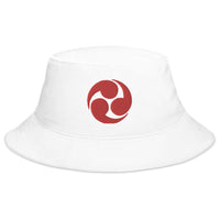 White bucket hat with Tomoe Mitsudomoe Japanese Symbol embroidered artwork, front view