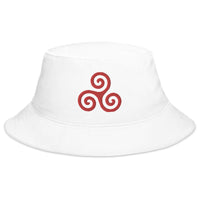 White bucket hat with Red Triskelion or Triskeles Spiral embroidered artwork, front view