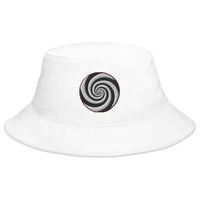 White bucket hat with Twilight Zone Hypnotic Hypnosis Spiral Illusion embroidered artwork, front view