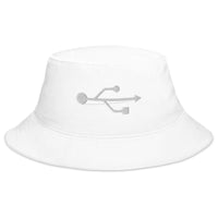 White bucket hat with USB Symbol embroidered artwork, front view