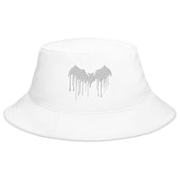 White bucket hat with White Vampire Bat Blood Drip embroidered artwork, front view