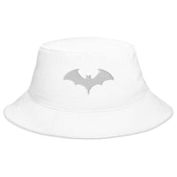 White bucket hat with Vampire Bat Goth Style Halloween embroidered artwork, front view