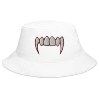 White bucket hat with Vampire Fangs embroidered artwork, front view