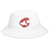 White bucket hat with Red Vampire Fangs Novelty Halloween Toy Trick or Treat embroidered artwork, front view