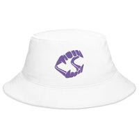 White bucket hat with Purple Vampire Fangs Novelty Halloween Toy Trick or Treat embroidered artwork, front view