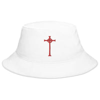 White bucket hat with Vampire Hunter Sign of the Cross embroidered artwork, front view