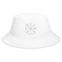 White bucket hat with Vegvisir Way Finder Compass embroidered artwork, front view