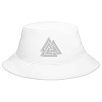 White bucket hat with Viking Symbol Valknut Triangles of Power and Glory embroidered artwork, front view