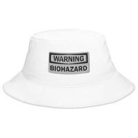 White bucket hat with Warning Sign Bio Hazard Zombie Apocalypse embroidered artwork, front view