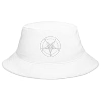 White bucket hat with White Sigil of Baphomet embroidered artwork, front view