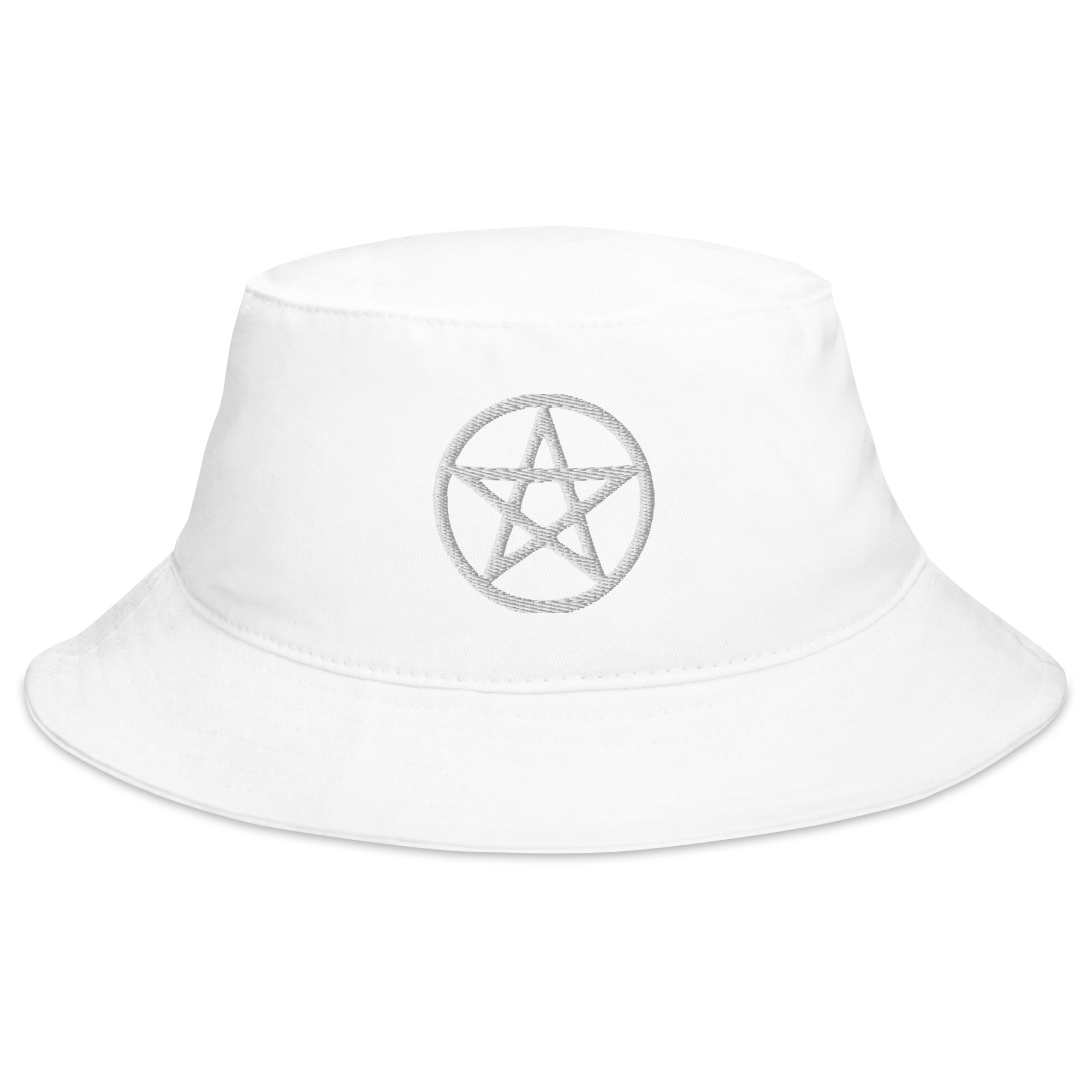 White Wiccan Witchcraft Pentagram Embroidered Bucket Hat Pagan Ritual